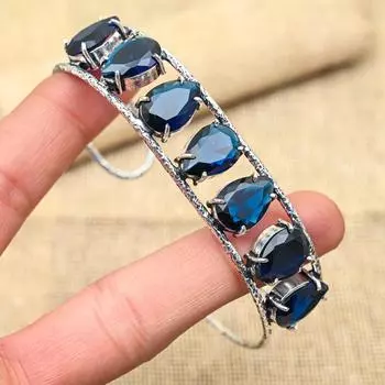 Регулируемый браслет из стерлингового серебра 925 пробы с синим сапфиром, созданный в лаборатории драгоценный камень ручной работы для женщин