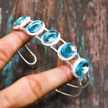 Регулируемый браслет из стерлингового серебра 925 пробы, швейцарский голубой топаз, драгоценный камень ручной работы синий