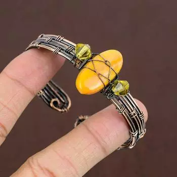 Регулируемый браслет-манжета из медной проволоки с натуральным драгоценным камнем из яшмы шмеля K2s80