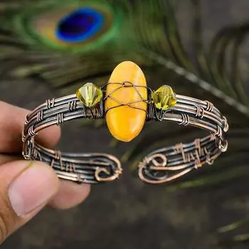 Регулируемый браслет-манжета из медной проволоки с натуральным шмелем, яшмой, драгоценным камнем, F1h06