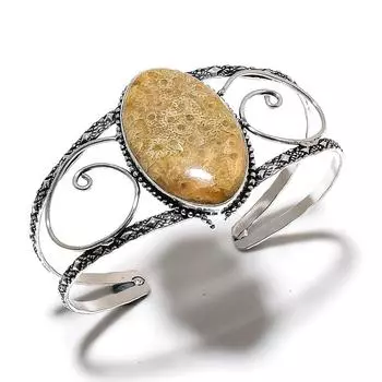 Регулируемый браслет-манжета из натурального ископаемого коралла из стерлингового серебра 925 пробы S7F33