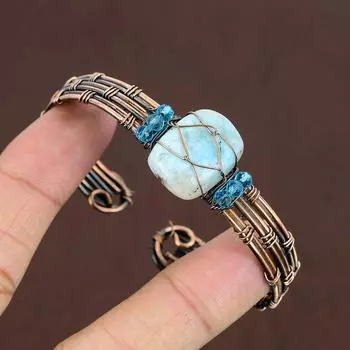 Регулируемый браслет-манжета из натурального карибского ларимара с медной проволокой W4K23