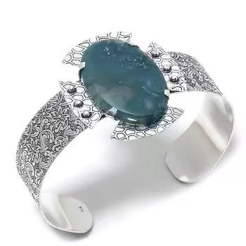 Регулируемый браслет-манжета из натурального мохового агата из стерлингового серебра 925 пробы Y7f75