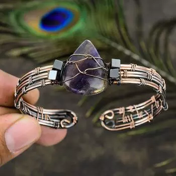 Регулируемый браслет-манжета из натуральной медной проволоки ручной работы с драгоценным камнем флюорит C5N70