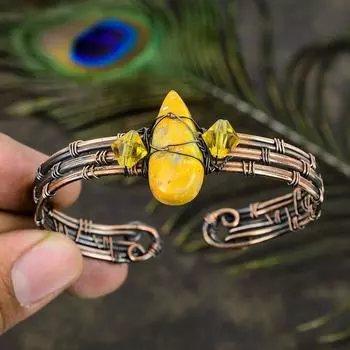 Регулируемый браслет-манжета из натуральной яшмы с медной проволокой, k8c35