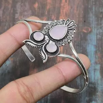 Регулируемый браслет-манжета из стерлингового серебра 925 пробы с розовым халцедоном и драгоценным камнем ручной работы Adjustable розовый