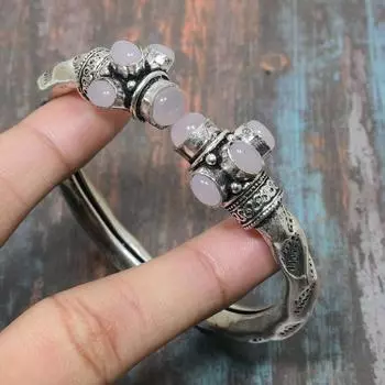 Регулируемый браслет-манжета из стерлингового серебра 925 пробы с розовым халцедоном и драгоценным камнем ручной работы Adjustable розовый