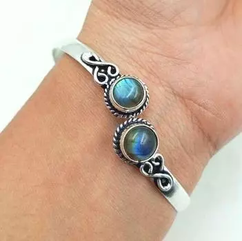 Регулируемый браслет-манжета из стерлингового серебра 925 пробы с драгоценным камнем лабрадорит, ювелирные изделия ручной работы Free Size синий