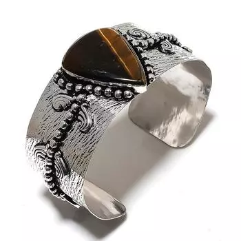 Регулируемый браслет-манжета из стерлингового серебра 925 пробы с натуральным тигровым глазом ручной работы t9o38