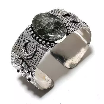 Регулируемый браслет-манжета из стерлингового серебра 925 пробы с натуральным серафинитом ручной работы q1J79