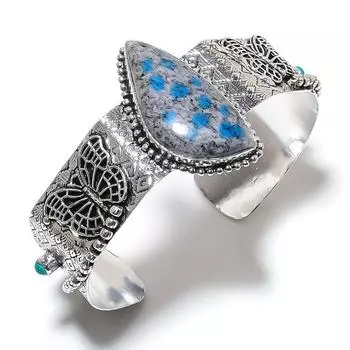 Регулируемый браслет-манжета из стерлингового серебра 925 пробы с натуральным азуритом K2 ручной работы D6f97