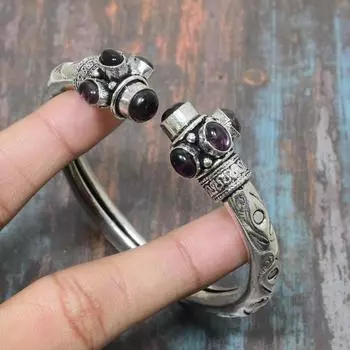 Регулируемый браслет-манжета из стерлингового серебра 925 пробы с аметистом ручной работы из твердого серебра Adjustable фиолетовый