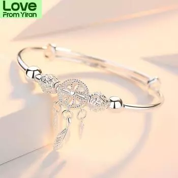 Регулируемый браслет-подвеска «Ловец снов» из стерлингового серебра 925 пробы с кисточками и перьями, круглый браслет для женщин, элегантные ювелирные изделия Sl209