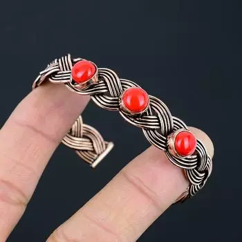 Регулируемый браслет ручной работы из чистой медной проволоки с красным кораллом и драгоценным камнем для женщин Adjustable красный