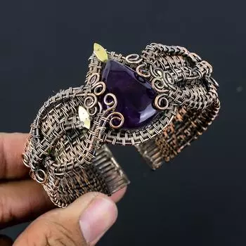 Регулируемый браслет ручной работы из медной проволоки с аметистом и драгоценным камнем для нее Adjustable фиолетовый