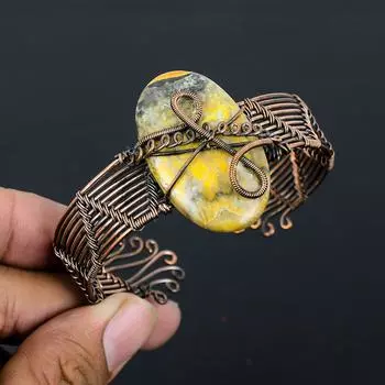 Регулируемый браслет ручной работы из медной проволоки из натуральной шмелиной яшмы n1D26