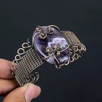 Регулируемый браслет ручной работы из медной проволоки с натуральным аметистом P5H09