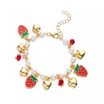 Регулируемый браслет с подвесками Любовь с 3D клубничками, вишенками, сердечком и жемчужными бусинами для женщин, для повседневной носки A