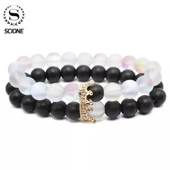 Регулируемый комплект браслетов с опаловыми бусинами и драгоценными камнями в форме короны, хороший скраб, пара из натурального камня с бисером чёрный