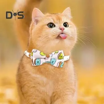 Регулируемый ошейник для домашних животных с нержавеющей пряжкой-колокольчиком. Милый дизайн галстука-бабочки. Круглая ткань на шее для домашних животных. Ожерелье с принтом на тему еды для маленьких и средних собак. светло-синий