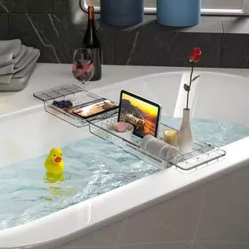 Регулируемый поднос для ванны, выдвижной, большой емкости, прозрачная противоскользящая ванна, стеллаж для хранения, роскошная ванная комната, спа-телефон, планшет, чашка для вина