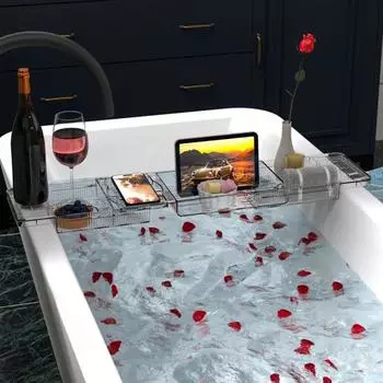 Регулируемый поднос для ванны, выдвижной, большой емкости, прозрачный противоскользящий стеллаж для хранения ванны, роскошная ванная комната, спа-телефон, планшет, органайзер для чашек вина прозрачный