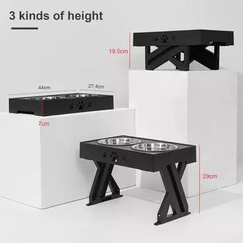 Регулируемый приподнятый столик для миски для собак с двойной миской из нержавеющей стали, подставка для кошек и домашних животных чёрный