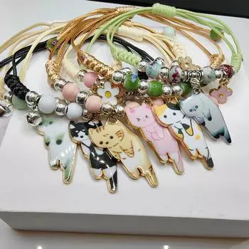 Регулируемый разноцветный браслет с подвеской Lucky Cat из веревки для женщин и девочек, подарки на день рождения, модные браслеты с подвесками и кисточками для пар чёрный