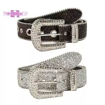 Регулируемый ремень с пряжкой и застежкой для женщин, ремень из искусственной кожи, ремень со стразами и блестками, орнамент для одежды серебряный