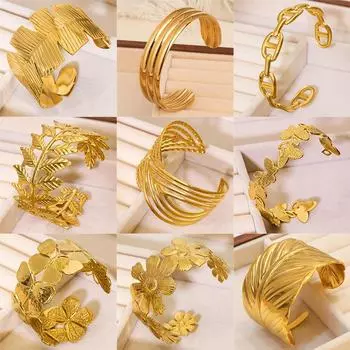 Регулируемый широкий браслет из нержавеющей стали с золотыми листьями и цветами XHB056