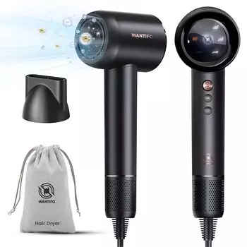 Рейтинг популярности фена WANTIFO Фен с большим объемом воздуха Компактный 200 миллионов нейтрализованных ионов высокой концентрации Мощность 1200 Вт Оснащен светодиодной подсветкой Smart