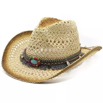 Рекомендуемая соломенная ковбойская шляпа в этническом стиле, пляжная шляпа с козырьком для летнего отпуска, панама с гофрированными большими карнизами M56-58cm