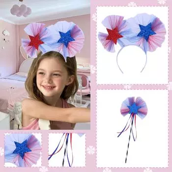 Реквизит для праздничного платья ко Дню независимости Синие, белые и красные ленты для волос, аксессуары для волос с пятиконечной звездой, повязки на голову для вечеринок One Size