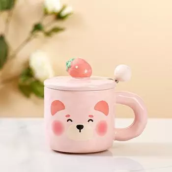 Рельефная клубника с крышкой, ложка, керамическая чашка, кружка для девочек, мультяшная чашка с медведем, подарочная чашка, расписанная вручную, чашка для воды 480ML