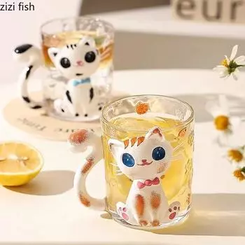 Рельефная расписанная вручную стеклянная кружка с изображением милого кота, кофейная кружка для латте, парная чашка, чашка для завтрака, бытовая чашка для воды, чайные чашки 260ML