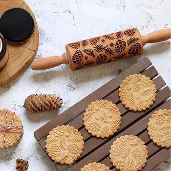 Рельефная скалка деревянная гравированная текстурированная с узорами для печенья
