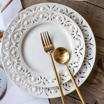 Рельефные керамические тарелки с выемкой, легкие, роскошные, для ресторана, стейка, дома, для послеобеденного чая, десерта, закусок, изысканная посуда