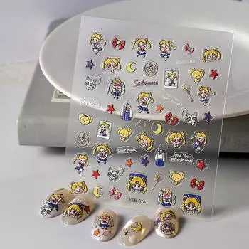 Рельефные наклейки для ногтей «Девушка-воин», мультяшные милые, сладкие, прохладные, сердечные, водные, украшения для ногтей, наклейки с маленьким узором FEB-578