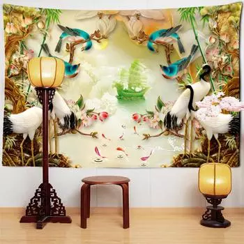 Рельефный гобелен с изображением журавля, настенная живопись маслом, психоделическое ретро-богемное искусство, домашний декор для спальни 95x70cm