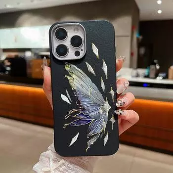 Рельефный узор бабочки кожа текстура TPU мягкий чехол для iPhone 16 15 Pro 14 Plus 13 12 11 Pro Max Xs Max Xr 8 7 6 Plus ударопрочный тонкий чехол iPhone 16 чёрный