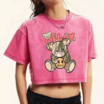 Relax Cartoon Bear Printed Washed Crop T-Shirts Female Multicolor Cotton T-Shirt Summer Slim Clothing Tops M