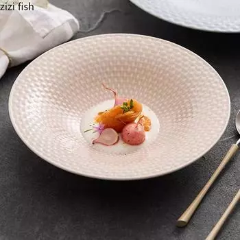 Relief Texture Ceramic Bowl Creative Thick Soup Bowl Fruit Salad Bowl Pasta Bowls Dessert Bowls Hotel Featured Tableware