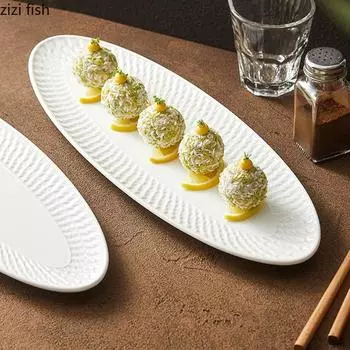 Relief Texture Ceramic Long Strip Plate Sushi Plate Dessert Plate Fish Plates Restaurant Molecular Cooking Creative Tableware