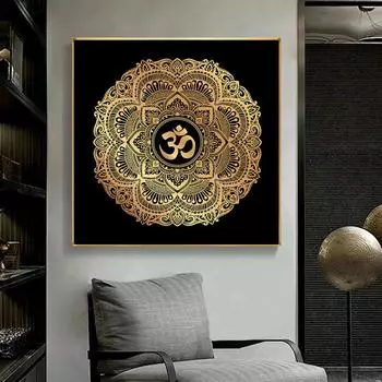 Религия Золото и Черный Мандала Лотос Искусство Холст Картины Плакаты Отпечатки Настенная Картина для Гостиной Домашний Декор Стен Cuadro 20x20cm Unframed