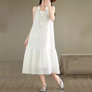 Ремень без рукавов размера плюс, хлопковое винтажное новое платье с цветочным принтом для женщин, повседневное свободное длинное летнее платье L белый