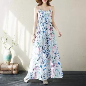 Ремень без рукавов размера плюс, хлопковое винтажное новое платье с цветочным принтом для женщин, повседневное свободное длинное летнее платье