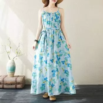 Ремень без рукавов размера плюс, хлопковое винтажное новое платье с цветочным принтом для женщин, повседневное свободное длинное летнее платье
