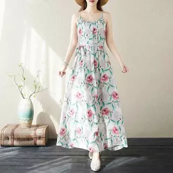Ремень без рукавов размера плюс, хлопковое винтажное новое платье с цветочным принтом для женщин, повседневное свободное длинное летнее платье