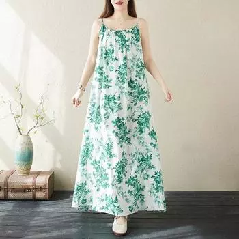 Ремень без рукавов размера плюс, хлопковое винтажное новое платье с цветочным принтом для женщин, повседневное свободное длинное летнее платье