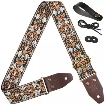 Ремень для гитары Amumu Flower of Life с вышивкой Top Grain Leather для бас-гитары Electric Acoustic & (черный), Черный, 37,5 - 64